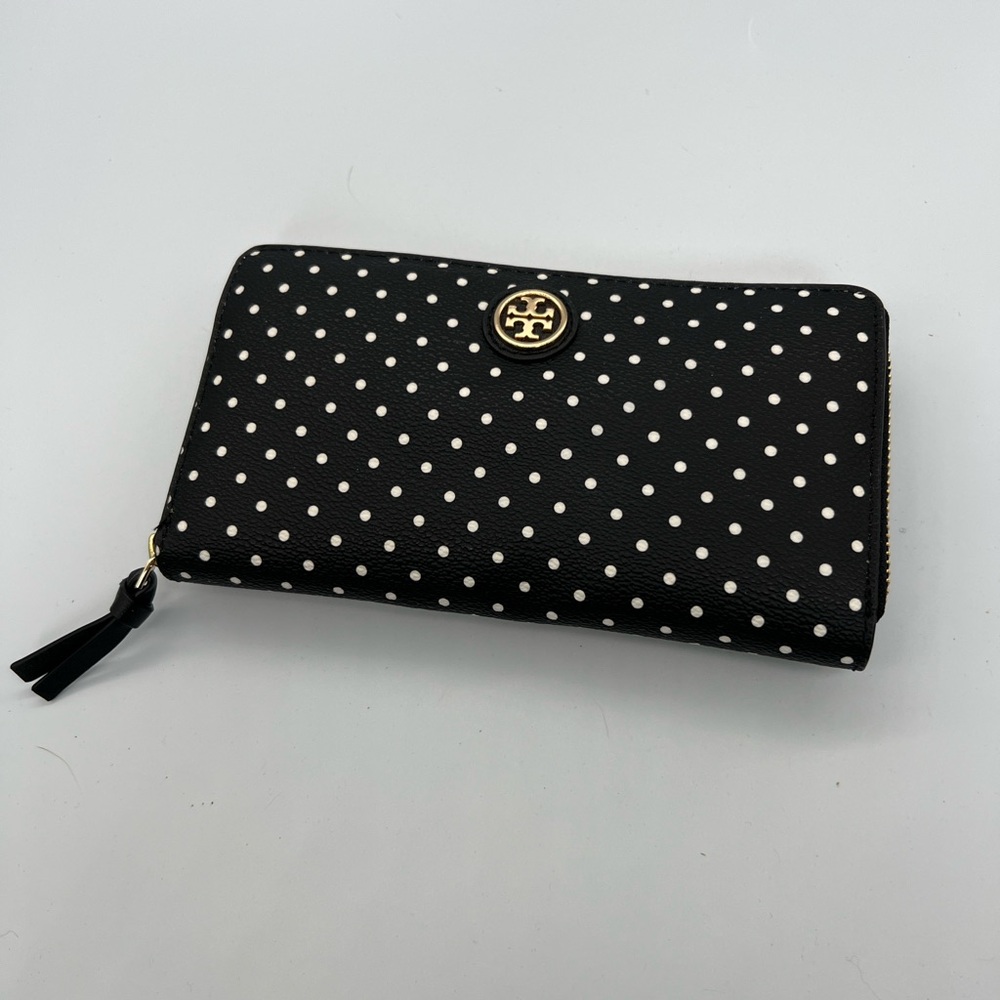 Tory Burch Black Wallet with White Polka Dots and Gold Logo
